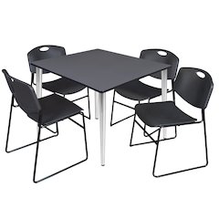48 Square Breakroom Table- Grey Top, Chrome Base & 4 Zeng Stack Chairs- Black
