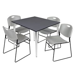 48 in. Square Breakroom Table- Grey Top, Chrome Base & 4 Zeng Stack Chairs- Grey