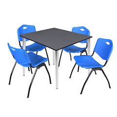 48 in. Square Breakroom Table- Grey Top, Chrome Base & 4 M Stack Chairs- Blue