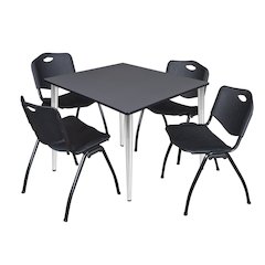 48 in. Square Breakroom Table- Grey Top, Chrome Base & 4 M Stack Chairs- Black