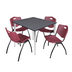 48 Square Breakroom Table- Grey Top, Chrome Base & 4 M Stack Chairs- Burgundy