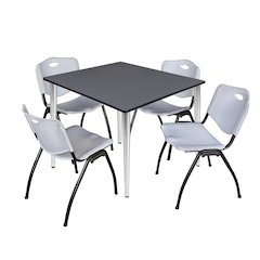 48 in. Square Breakroom Table- Grey Top, Chrome Base & 4 M Stack Chairs- Grey