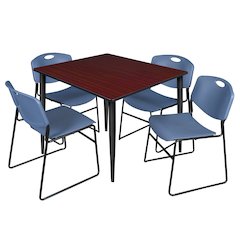 48 Square Breakroom Table- Mahogany Top, Black Base & 4 Zeng Stack Chairs- Blue