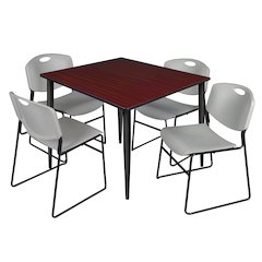 48 Square Breakroom Table- Mahogany Top, Black Base & 4 Zeng Stack Chairs- Grey