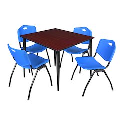48 in. Square Breakroom Table- Mahogany Top, Black Base & 4 M Stack Chairs- Blue