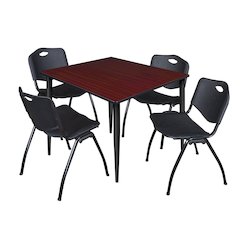 48 Square Breakroom Table- Mahogany Top, Black Base & 4 M Stack Chairs- Black