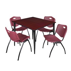 48 Square Breakroom Table- Mahogany Top, Black Base & 4 M Stack Chairs- Burgundy