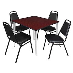 48 Square Breakroom Table- Mahogany Top, Chrome Base & 4 Stack Chairs- Black