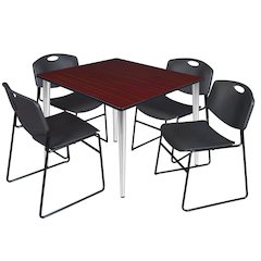 48 Square Breakroom Table- Mahogany Top, Chrome Base & 4 Stack Chairs- Black