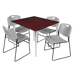 48 Square Breakroom Table- Mahogany Top, Chrome Base & 4 Zeng Stack Chairs- Grey