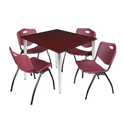 48 Square Breakroom Table- Mahogany Top, Chrome Base, 4 M Stack Chairs- Burgundy