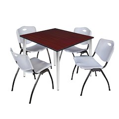 48 Square Breakroom Table- Mahogany Top, Chrome Base & 4 M Stack Chairs- Grey