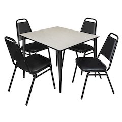48 Square Breakroom Table- Maple Top, Black Base & 4 Stack Chairs- Black