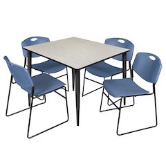 48 in. Square Breakroom Table- Maple Top, Black Base & 4 Zeng Stack Chairs- Blue
