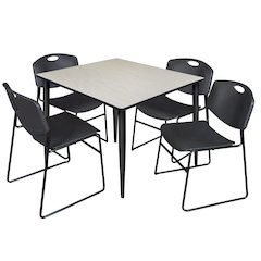 48 Square Breakroom Table- Maple Top, Black Base & 4 Zeng Stack Chairs- Black