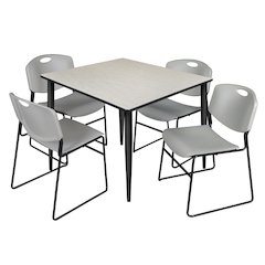 48 in. Square Breakroom Table- Maple Top, Black Base & 4 Zeng Stack Chairs- Grey