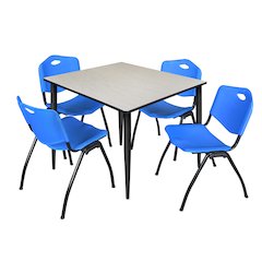 48 in. Square Breakroom Table- Maple Top, Black Base & 4 M Stack Chairs- Blue