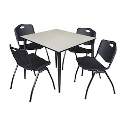 48 in. Square Breakroom Table- Maple Top, Black Base & 4 M Stack Chairs- Black
