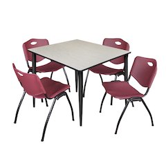 48 Square Breakroom Table- Maple Top, Black Base & 4 M Stack Chairs- Burgundy