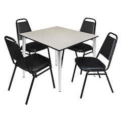 48 Square Breakroom Table- Maple Top, Chrome Base & 4 Stack Chairs- Black