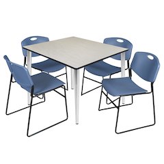 48 Square Breakroom Table- Maple Top, Chrome Base & 4 Zeng Stack Chairs- Blue