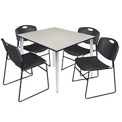 48 Square Breakroom Table- Maple Top, Chrome Base & 4 Zeng Stack Chairs- Black