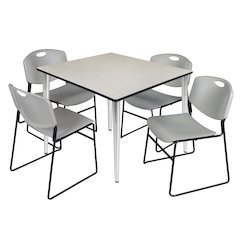48 Square Breakroom Table- Maple Top, Chrome Base & 4 Zeng Stack Chairs- Grey