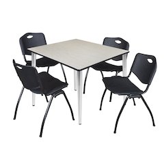 48 in. Square Breakroom Table- Maple Top, Chrome Base & 4 M Stack Chairs- Black