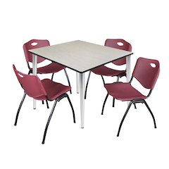 48 Square Breakroom Table- Maple Top, Chrome Base & 4 M Stack Chairs- Burgundy