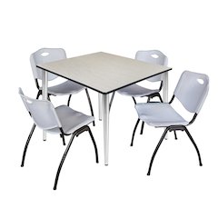 48 in. Square Breakroom Table- Maple Top, Chrome Base & 4 M Stack Chairs- Grey