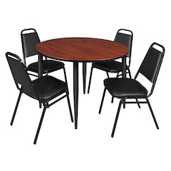 48 Round Breakroom Table- Cherry Top, Black Base & 4 Stack Chairs- Black