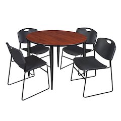 48 Round Breakroom Table- Cherry Top, Black Base & 4 Zeng Stack Chairs- Black