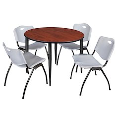 48 in. Round Breakroom Table- Cherry Top, Black Base & 4 M Stack Chairs- Grey