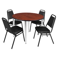 48 Round Breakroom Table- Cherry Top, Chrome Base & 4 Stack Chairs- Black
