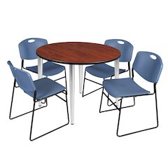 48 Round Breakroom Table- Cherry Top, Chrome Base & 4 Zeng Stack Chairs- Blue
