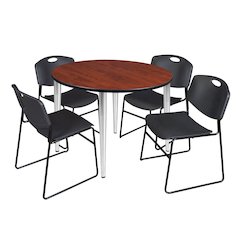 48 Round Breakroom Table- Cherry Top, Chrome Base & 4 Zeng Stack Chairs- Black
