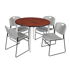 48 Round Breakroom Table- Cherry Top, Chrome Base & 4 Zeng Stack Chairs- Grey