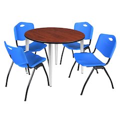 48 in. Round Breakroom Table- Cherry Top, Chrome Base & 4 M Stack Chairs- Blue