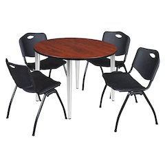 48 in. Round Breakroom Table- Cherry Top, Chrome Base & 4 M Stack Chairs- Black
