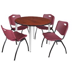 48 Round Breakroom Table- Cherry Top, Chrome Base & 4 M Stack Chairs- Burgundy