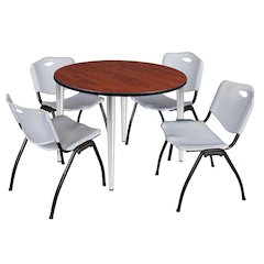 48 in. Round Breakroom Table- Cherry Top, Chrome Base & 4 M Stack Chairs- Grey