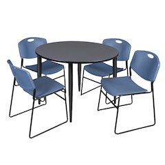 48 in. Round Breakroom Table- Grey Top, Black Base & 4 Zeng Stack Chairs- Blue