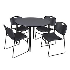 48 in. Round Breakroom Table- Grey Top, Black Base & 4 Zeng Stack Chairs- Black