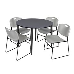 48 in. Round Breakroom Table- Grey Top, Black Base & 4 Zeng Stack Chairs- Grey