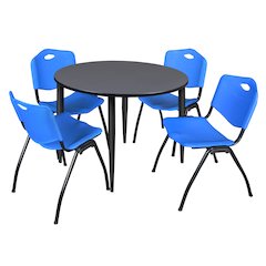 48 in. Round Breakroom Table- Grey Top, Black Base & 4 M Stack Chairs- Blue