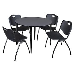 48 in. Round Breakroom Table- Grey Top, Black Base & 4 M Stack Chairs- Black