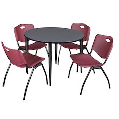 48 in. Round Breakroom Table- Grey Top, Black Base & 4 M Stack Chairs- Burgundy