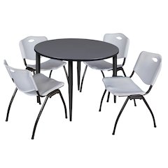 48 in. Round Breakroom Table- Grey Top, Black Base & 4 M Stack Chairs- Grey