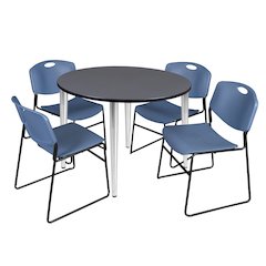 48 in. Round Breakroom Table- Grey Top, Chrome Base & 4 Zeng Stack Chairs- Blue