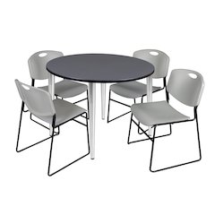 48 in. Round Breakroom Table- Grey Top, Chrome Base & 4 Zeng Stack Chairs- Grey